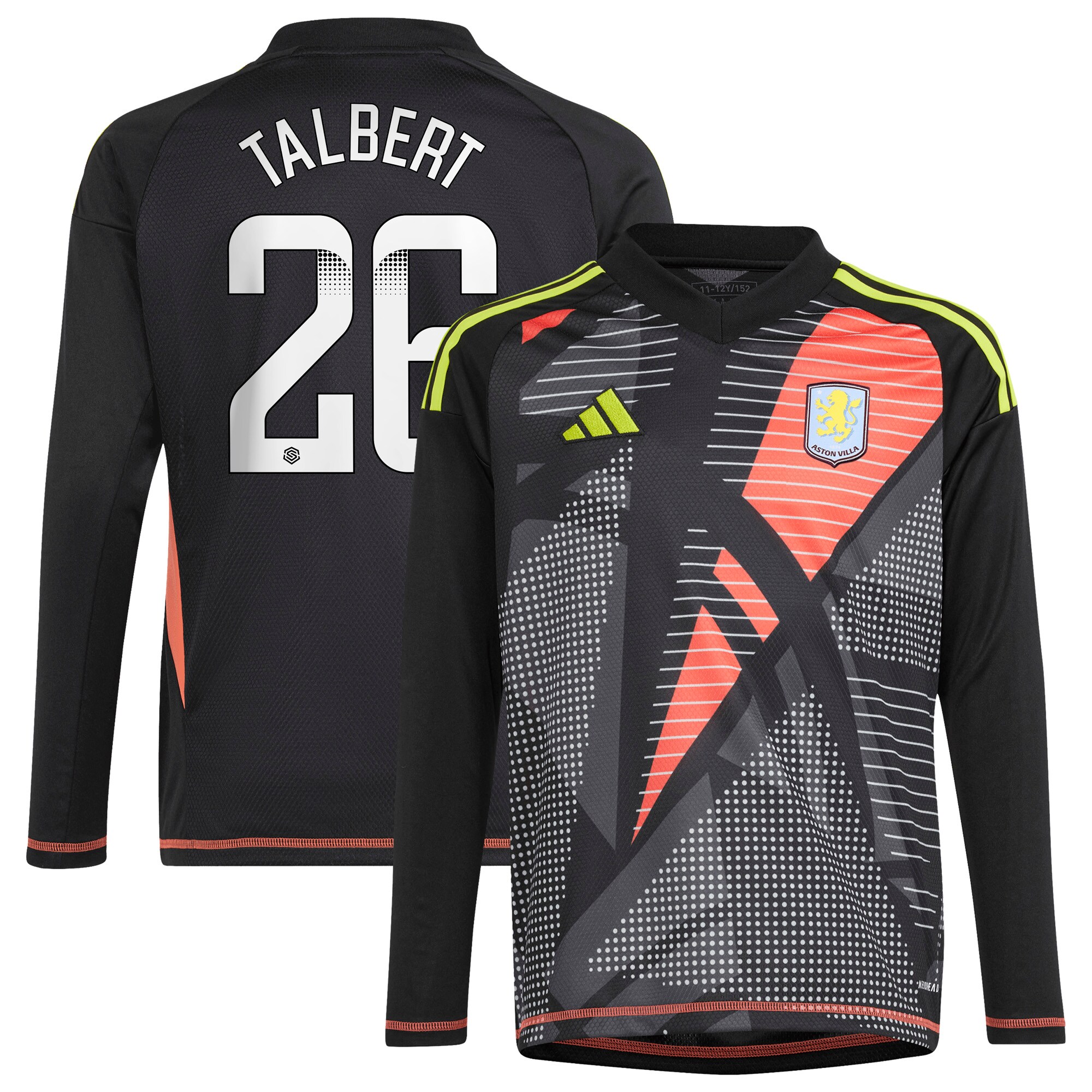 aston villa wsl adidas goalkeeper shirt 2024-25 – long sleeve – kids with talbert 26 printing Collection | Official Aston Villa FC Gear Online
